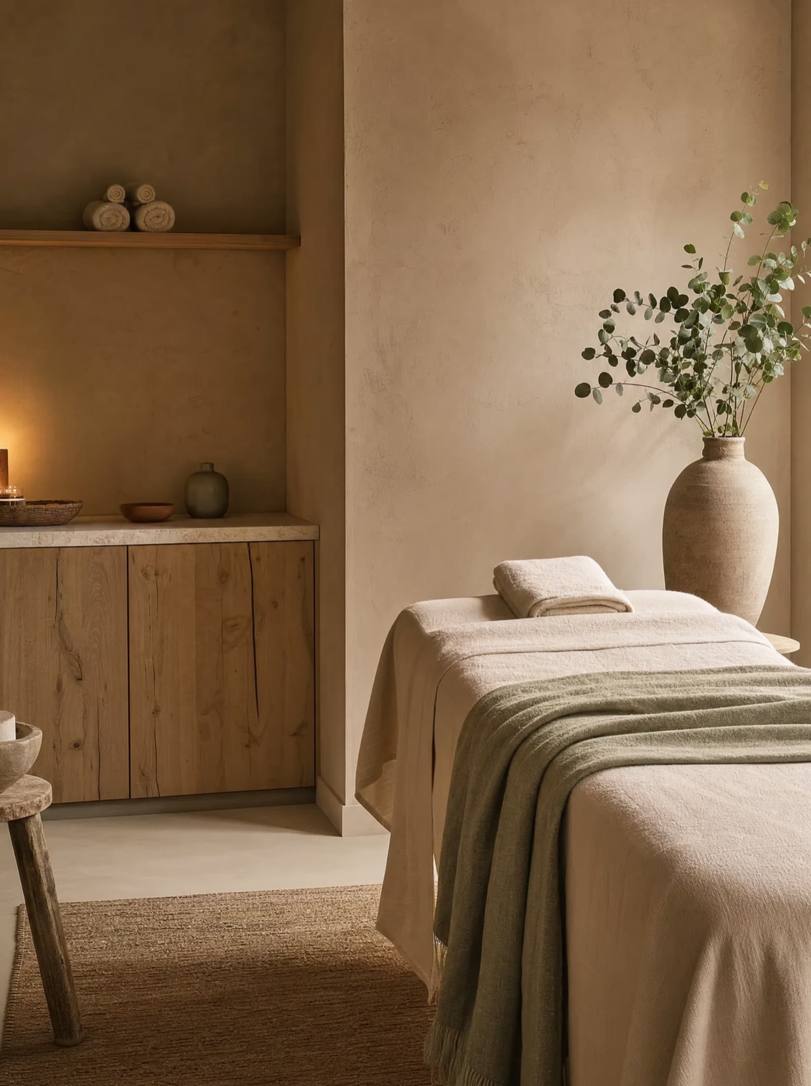 A serene med spa treatment room with a linen-covered bed and warm plaster walls