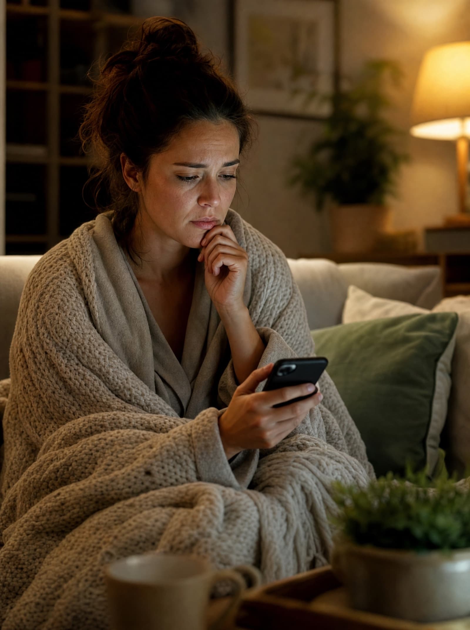 A woman at home late at night, wrapped in a blanket on the sofa, looking at her phone with a worried expression