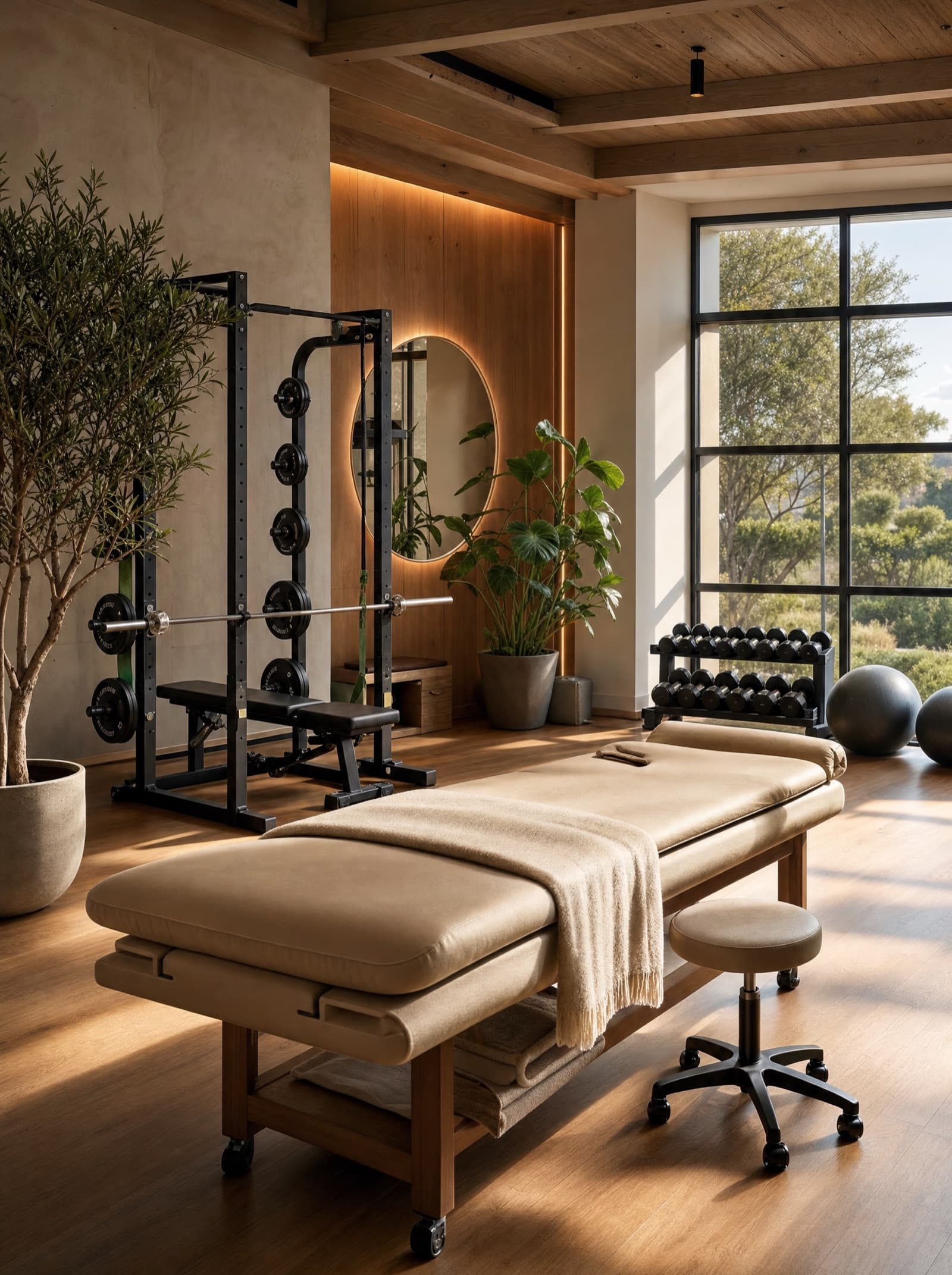 A warm, light-filled sports medicine studio with a treatment table and training equipment