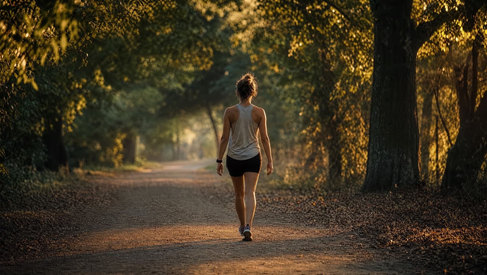 A person with a smartwatch walking down a quiet tree-lined path at golden hour